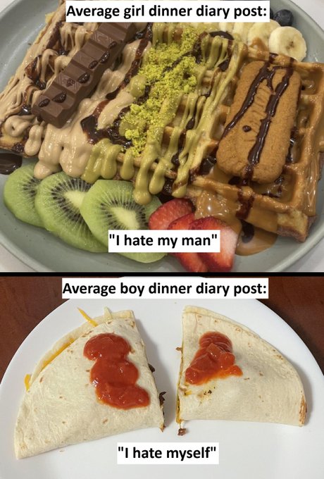 A humorous meme contrasting two 'dinner diary' posts: the top shows an elaborately plated dessert waffle with chocolate, banana, kiwi, and strawberries captioned 'I hate my man', while the bottom shows a plain quesadilla with ketchup captioned 'I hate myself'.