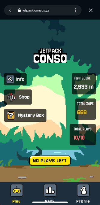 A mobile screenshot of a pixel-art style game called 'Jetpack Conso' (jetpack.conso.xyz) showing a High Score of 2,933 m, 668 Total Zaps, 10/10 Total Plays, and a 'No Plays Left' message.