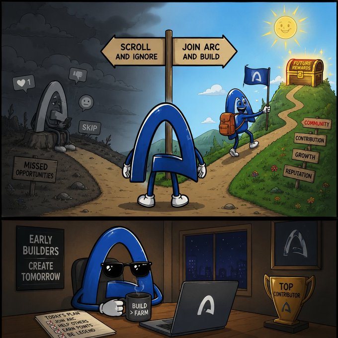 In this image, there are two cartoon characters representing Early Contributors (Early Birds) and Late Participants (Night Owls). The Early Birds are dressed in blue suits with sunglasses and carrying a cup of coffee while working on their laptops at tables surrounded by numerous books. The Late participants, dressed as Night Owls and also holding cups of coffee, sit at separate tables near a sign pointing to the " ARC" direction. A caption below this illustration reads: 
 "Early Contributors are starting to pay attention to @ARC. @arc TheARC Points Program is now live with $2.22B backing and support from @circle !"