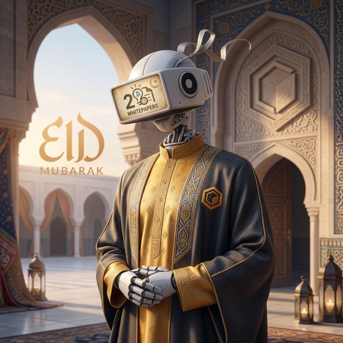 The image features a robot dressed in traditional Middle Eastern clothing standing in front of an ornate archway with Arabic script. The robot appears to be wearing a robe and headdress, giving it a regal appearance. The background includes arches and columns, which further emphasize the historical context of the scene. The post is titled "Eid Mubarak" and "Happy Eid al-Adha!", indicating that this image was created for the celebration of Eid al-Fitr in honor of the holy month of Ramadan.

The robot's attire and the presence of Arabic script suggest a connection to Middle Eastern culture, possibly celebrating the Islamic faith or paying tribute to its roots. The overall atmosphere evokes a sense of history and tradition, with the robot as the central figure embodying these cultural elements.