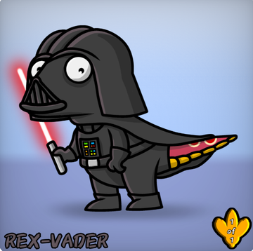 A cartoon character labeled "REX-VADER" depicting a Darth Vader-like figure with a lightsaber, wearing a cape with a pizza slice pattern and a control panel on its chest.