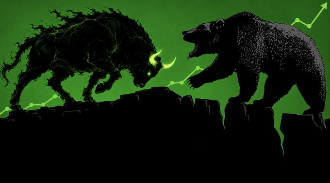 A silhouette graphic on a green background shows a charging bull facing off against a roaring bear, with an upward-trending line graph overlay.