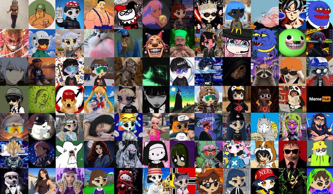 A grid collage of dozens of cartoon and anime-style avatar images, including recognizable characters and original creations, arranged in a grid format.