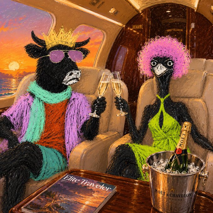 The image features a man and woman sitting next to each other, both holding champagne flutes and smiling at the camera. They are seated inside an airplane, which adds a unique twist to their scene. The background of the image shows a sunset over water, creating a serene atmosphere for this moment captured in time. 

The post includes text that reads "Good Night Fam Crypto Vibes @FarmerUnionXRPL". This suggests that the image is related to cryptocurrency or crypto-related content and might be promoting a specific cryptocurrency or an event involving it.