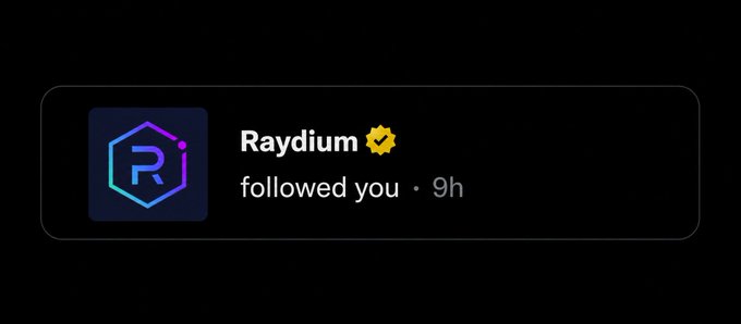 A notification from Raydium (a verified account) indicating that they have followed you, shown 9 hours ago on a dark background.