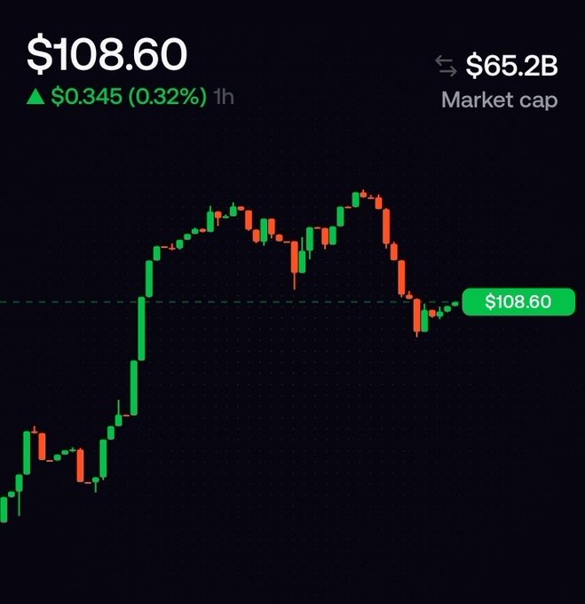 A candlestick chart shows SOL trading at $108.60, up 0.32% ($0.345) over the past hour, with a market cap of $65.2B. The chart depicts a strong upward rally followed by a pullback—mirroring the "one move, then another, then it gets stupid" description of Solana's volatile price action.