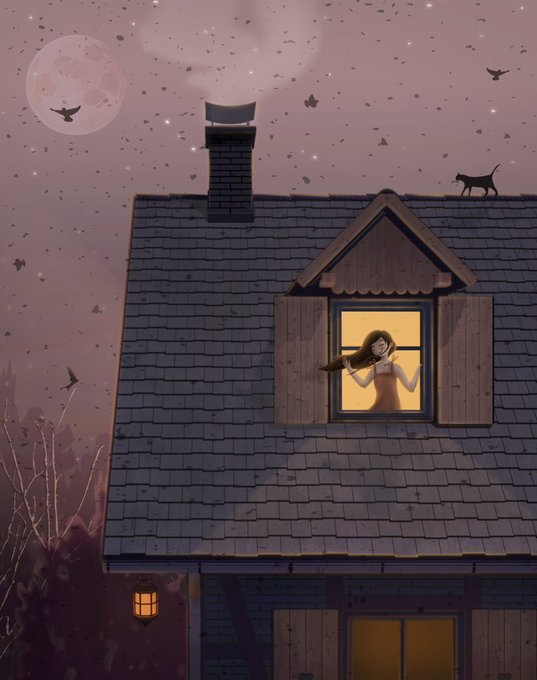 An illustrated scene shows a girl with long hair holding a black cat in a lit attic window of a house, while another cat walks on the roof under a starry night sky with a full moon.