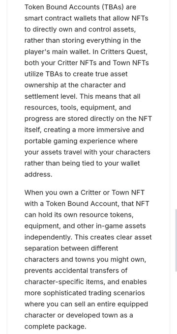 The image displays text explaining Token Bound Accounts (TBAs) as smart contract wallets that let NFTs own and control assets directly, highlighting how Critters Quest uses TBAs to enable asset ownership at the character and settlement level. This relates to the post's emphasis on TBAs being a resurgence driver for NFTs and Critters Quest's pioneering implementation of the technology on Solana.