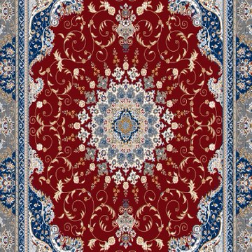 A detailed section of a Persian-style rug featuring a rich red field with an intricate central medallion in blue and cream, surrounded by ornate floral borders.