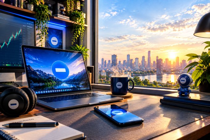 A desk setup featuring a laptop, smartphone, headphones, and mug arranged in front of a large window overlooking a city skyline at sunset, with a monitor displaying a stock chart in the background.