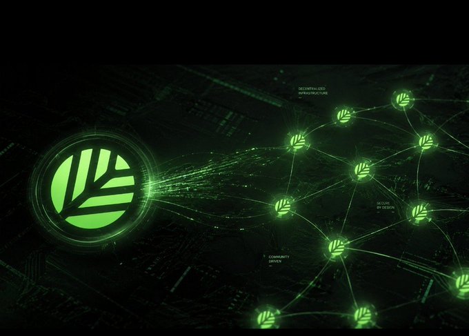 A digital illustration showing a network of glowing green nodes connected by lines, featuring a leaf-like logo and labels for 'DECENTRALIZED INFRASTRUCTURE', 'SECURE BY DESIGN', and 'COMMUNITY DRIVEN'.