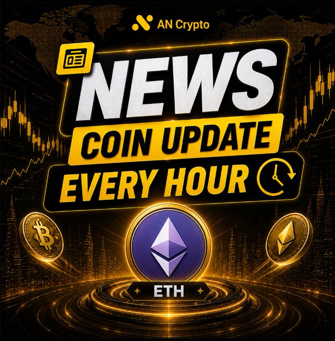 A promotional graphic from AN Crypto featuring the text 'NEWS COIN UPDATE EVERY HOUR' with a large Ethereum (ETH) coin centered, flanked by Bitcoin and smaller ETH coins.