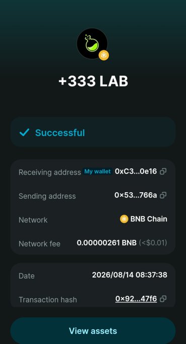 A cryptocurrency wallet confirmation screen showing a successful '+333 LAB' token transfer on the BNB Chain network, dated 2026/08/14 08:37:38.