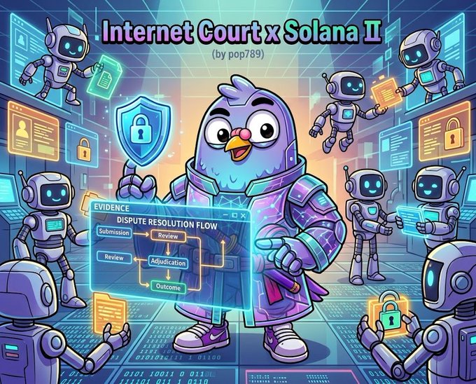 A digital illustration titled 'Internet Court x Solana II (by pop789)' shows a purple owl character in armor surrounded by robots, with a holographic display showing 'EVIDENCE', 'DISPUTE RESOLUTION FLOW', 'Submission', 'Review', 'Adjudication', and 'Outcome' steps.