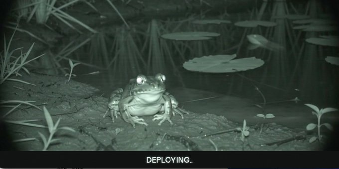 A night vision shot of a frog sitting on the muddy ground near water, with the word 'DEPLOYING..' displayed at the bottom.