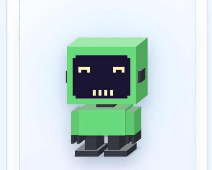 A minimalist 3D-rendered illustration of a small, green, blocky robot character with a digital face against a white backdrop.