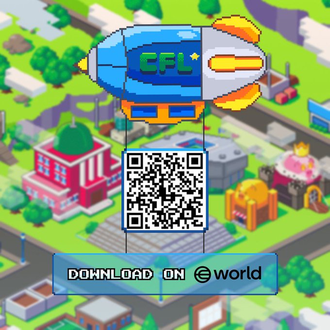 The image features a poster of a cityscape with a blue rocket ship flying over it. The rocket ship has the words "CFL" written on its side, indicating that it's related to the game "CFL". Below the rocket ship, there is a QR code that reads "download on @useworldapp". This suggests that the poster is promoting an online multiplayer trading platform called "CFL", which allows players to engage in real-time trading activities and compete against each other for virtual currency. The image also includes text about the game's features, such as its multiplayer aspect and the need to download it on @useworldapp for a 30-second trial period.
