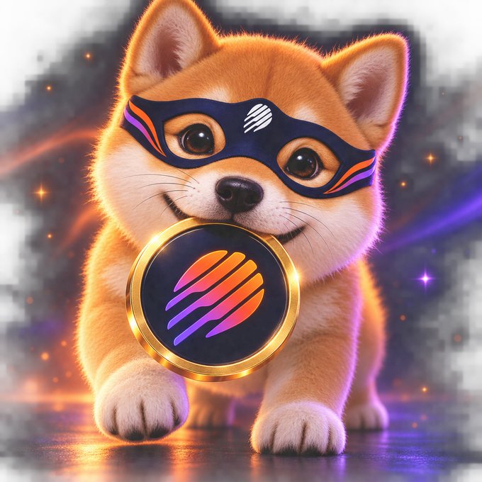 A digital illustration of a Shiba Inu dog wearing a blue and orange eye mask, holding a glowing gold coin with a stylized symbol against a sparkly background.