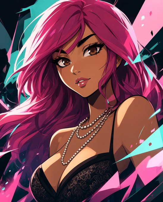 An anime-style portrait features a woman with long, flowing pink hair and brown eyes, wearing a black lace top and a pearl necklace against a dynamic pink and teal background.