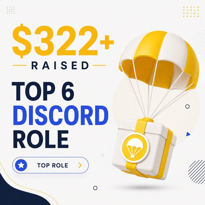 A bright yellow and white 3D illustration of a parachute delivery package featuring a Discord role badge sits beside bold text reading "$322+ RAISED" and "TOP 6 DISCORD ROLE," promoting a giveaway of exclusive Discord roles from six well-funded crypto projects including Arc, ShelbyServes, and Axis Robotics.