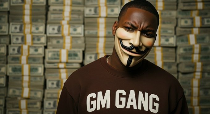 A person wearing a Guy Fawkes/V for Vendetta mask and a black shirt with "GM GANG" printed in white, standing in front of large stacks of bundled US dollar bills.