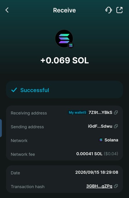A screenshot of a successful crypto transaction receiving +0.069 SOL on the Solana network, with a network fee of 0.00041 SOL ($0.04), dated 2026/09/15.