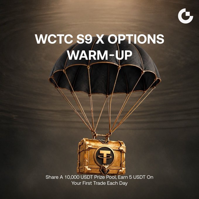 The image features a 3D-rendered golden treasure chest with a black parachute descending, displaying the "WCTC S9 X OPTIONS WARM-UP" title and a "10,000 USDT Prize Pool" headline with text reading "Share A 10,000 USDT Prize Pool, Earn 5 USDT On Your First Trade Each Day." This visually represents the airdrop-style prize giveaway for the trading competition, with the parachuting chest symbolizing rewards being delivered to participants who complete eligible trades during the warm-up event.