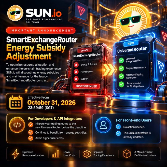 SUN.io announcement graphic titled 'SmartExchangeRouter Energy Subsidy Adjustment', showing the legacy SmartExchangeRouter being discontinued in favor of a new UniversalRouter, with an effective date of October 31, 2026.