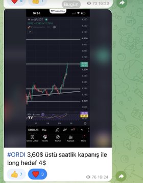 A Telegram message from 'Bugun' showing a TradingView chart of #ORDI/USDT with Turkish text reading '#ORDI 3,60$ üstü saatlik kapanış ile long hedef 4$', timestamped 16:24.