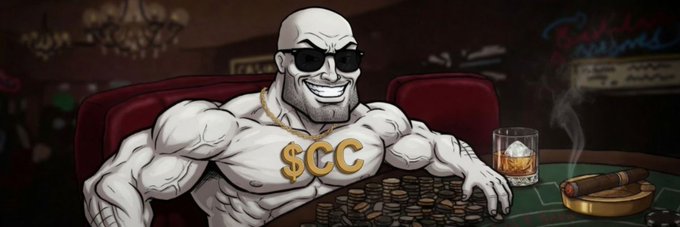 The image features a cartoon character with sunglasses, a bald head, and a muscular body sitting at a table with a glass of beer in front of him. The character has a large amount of money placed behind him, which he is smiling about. In the background, there are other people present but they are not the main focus of the image. The post that includes this image reads: "A community member just added a banner image for $CC on Moby".