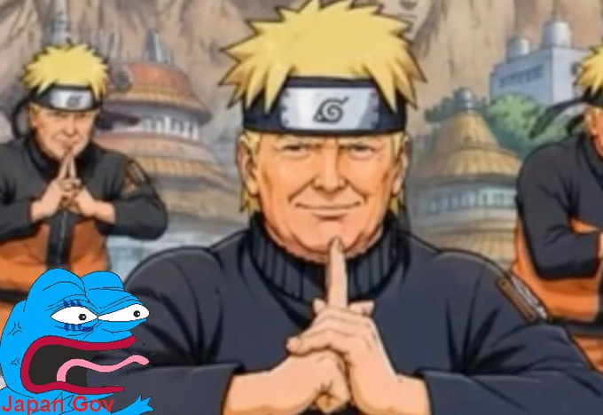 This image depicts Donald Trump as Naruto with other figures in the background and a Pepe the Frog meme in the corner with "Japan Gov" text. The image is likely a meme used to comment on the surprising events in the DEX market, specifically mentioning the $BOT token and its association with SpaceXAI.