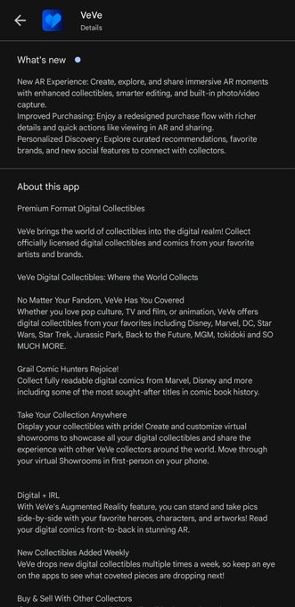 Screenshot of the VeVe app description page highlighting a new AR experience, improved purchasing, and personalized discovery for premium digital collectibles.