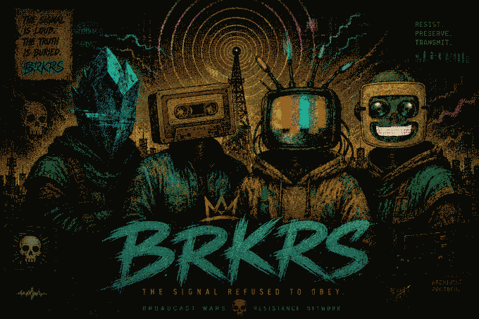 A stylized, textured illustration of four hooded figures wearing different retro-technology masks, with the text 'BRKRS', 'THE SIGNAL REFUSED TO OBEY', and 'BROADCAST WARS RESISTANCE NETWORK'.
