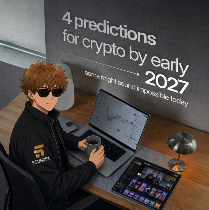 An anime-style character wearing sunglasses and a "FOUNDEX" hoodie sits at a desk analyzing crypto charts on a laptop and tablet, holding a coffee mug, with the bold header "4 predictions for crypto by early 2027 — some might sound impossible today" displayed behind them, visually reinforcing the post's forward-looking outlook on Bitcoin ($150K+), stablecoins, RWAs, and fundamentals-driven altcoins.