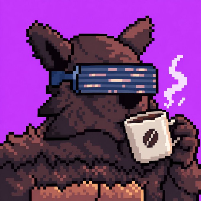 A pixel art illustration of a brown bat-like creature wearing a blue virtual reality headset and holding a steaming white coffee cup against a purple background.