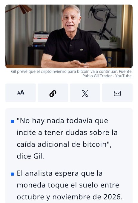 Pablo Gil, a Spanish financial analyst known as "Potato Gil," predicts in a YouTube video that Bitcoin's "crypto winter" will continue, with no signs yet of further decline, and anticipates the coin will bottom out between October and November 2026—aligning with his plan to buy BTC around $30,000 to potentially triple his capital.