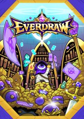 Cover art for the game 'EVERDRAW', featuring a purple wizard hat, an open treasure chest filled with gold, and purple gems.
