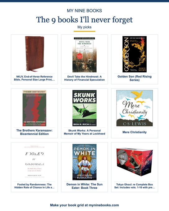 A 'My Nine Books' webpage grid titled 'The 9 books I'll never forget' displaying book covers including NKJV Bible, Devil Take the Hindmost, Golden Son, The Brothers Karamazov, Skunk Works, Mere Christianity, Fooled by Randomness, Demon in White, and Tokyo Ghoul box set.