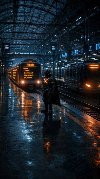 A cloaked figure stands alone on a wet, dimly lit train platform as a train labeled "Ripple" arrives, with another train blurred in motion beside it—symbolizing the departure and momentum of crypto projects like $XRP, $XLM, $HBAR, $QNT, $XDC, $ZBCN, $ALGO, $FLR, and $CC heading into a transformative future.