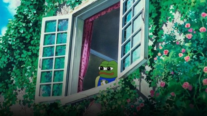 A scene from an animated film shows the Pepe the Frog character peering out of an open window surrounded by lush green vines and pink flowers.