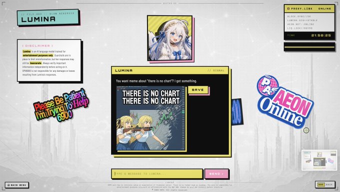 A retro-styled, anime-themed chat interface called "LUMINA" where users can message an AI assistant, featuring a glitchy "THERE IS NO CHART" meme image of blonde anime characters playing violins, alongside SPX6900 disclaimers and an "AEON Online" sticker. The image aligns with the post by showcasing SPX6900's gamified, AAA-game-like website experience through its interactive character chat and vibrant, playful UI design.
