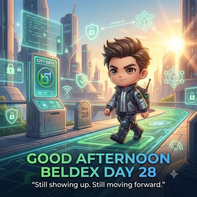 A chibi-style character in a futuristic jacket walks through a cyberpunk city with holographic data displays. Text reads 'GOOD AFTERNOON BELDEX DAY 28' with the quote 'Still showing up. Still moving forward.'