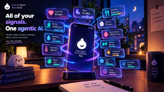 A promotional graphic for an AI health agent app displaying 'All of your signals. One agentic AI.' with floating UI elements showing health metrics like 'Heart Rate 62 bpm', 'Sleep 7h 48m', and 'Nutrition Balanced' around a central phone.