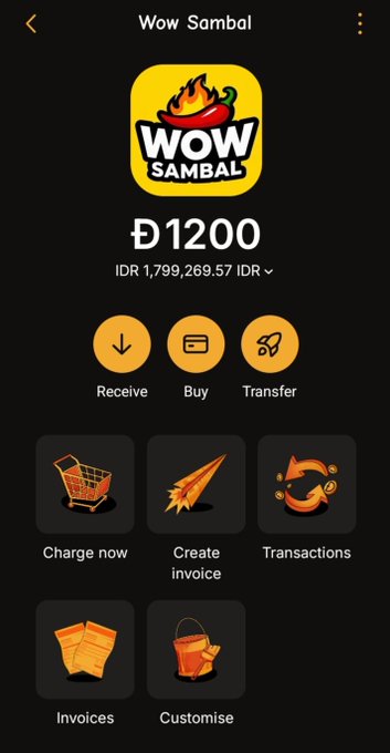 The image features a screenshot of an app interface with several icons displayed. There are also some text elements present that appear unrelated to the visuals, including one saying "For the first time ever, WOW Sambal has been purchased with Dogecoin and sold through the SUCH app." The main visual content in the image is focused on the process of purchasing an item using a mobile payment method and the purchase being completed through an app. This could be related to the post about WOW Sambal receiving the payment for their new item via Dogecoin or another similar payment platform, as described by @Namtoshi69.