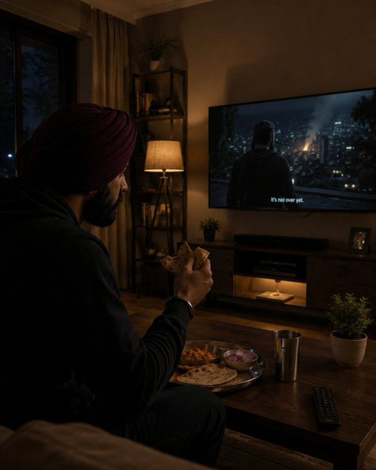 A man wearing a dark turban sits on a couch in a dimly lit living room, eating flatbread and looking at a TV displaying a scene with the subtitle 'It's not over yet.'