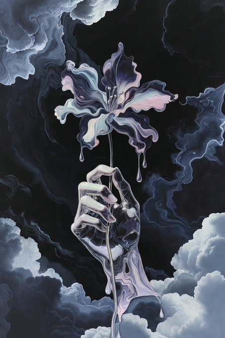 A surreal digital painting depicts a metallic, liquid-like hand holding a lily-like flower with iridescent petals against a dark, cloudy background.