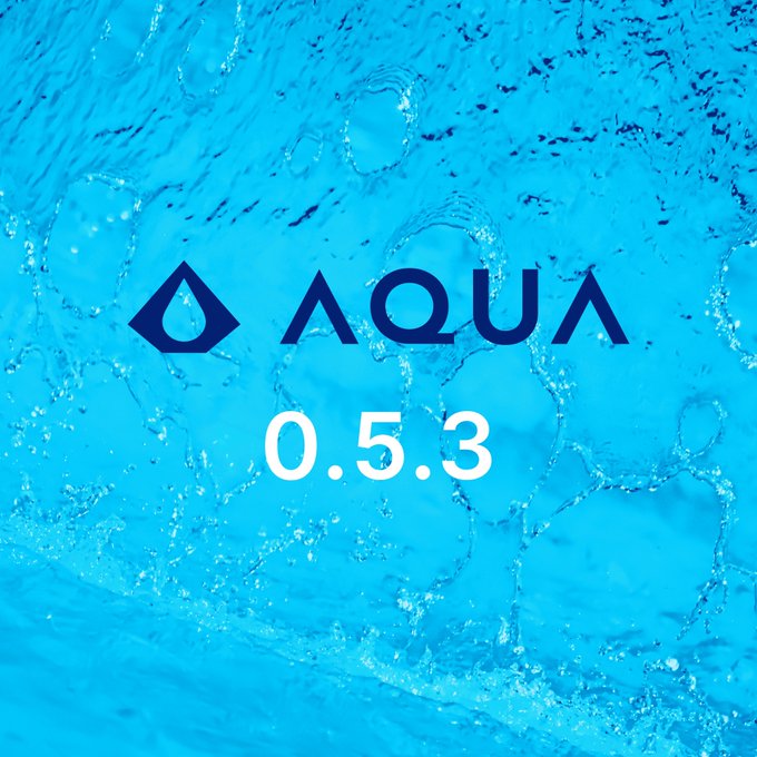 The image features the AQUA logo and "0.5.3" version number in white text against a vibrant blue water background with visible ripples and splashes, visually reinforcing the aquarium-themed branding and version update announcement. The water imagery thematically connects to "AQUA" and hints at the arrival of "Indra," suggesting a refreshing new wave of updates.