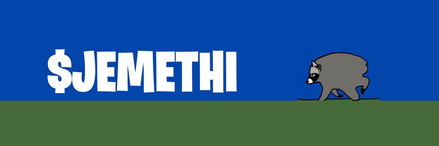 A graphic with '$JEMETHI' in large white text on a blue background, featuring a cartoon raccoon character on a green field.
