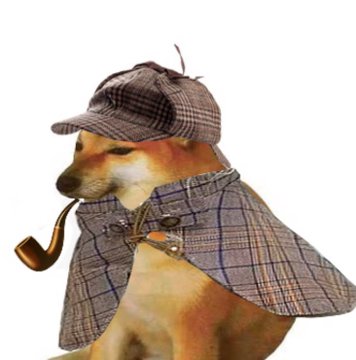 An image of a Shiba Inu dog wearing a brown plaid detective cap and matching cape while smoking a wooden pipe.
