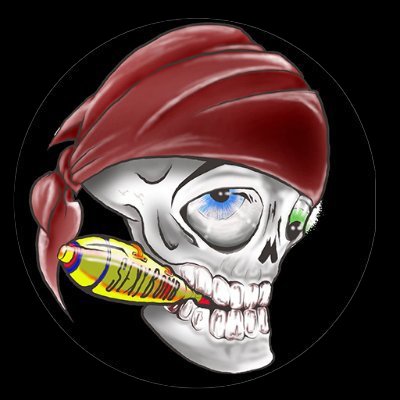 A digital illustration of a skull wearing a red bandana, biting down on a colorful, patterned object in its teeth, with one glowing blue eye socket against a black background.